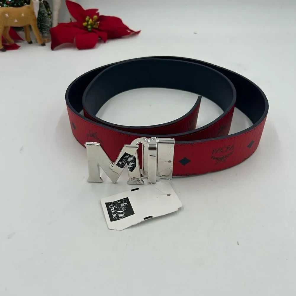 Men’s MCM monogram, red leather reversible belt size 50 can be made smaller